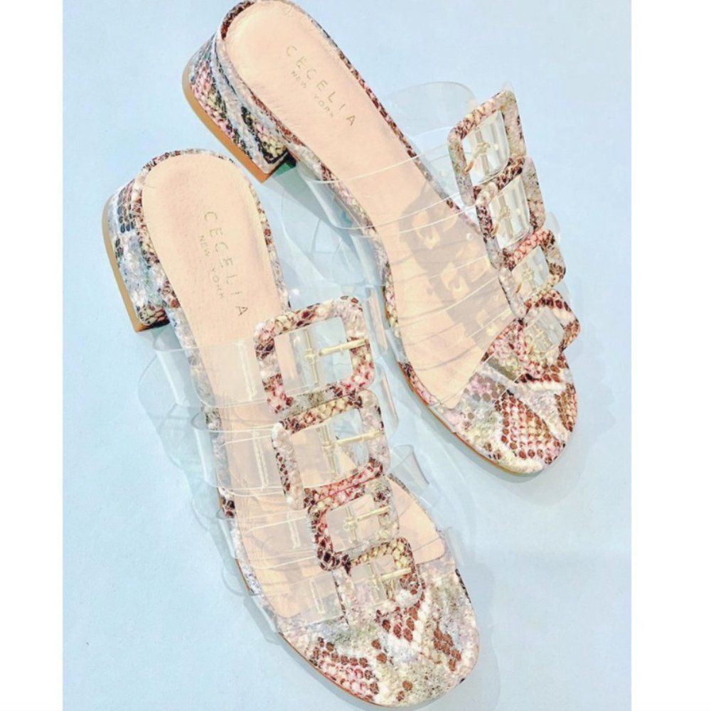 NEW Cecelia Lincoln Snake Print Clear Strap Low Heel Slide Sandal Sz 6.5 Resort